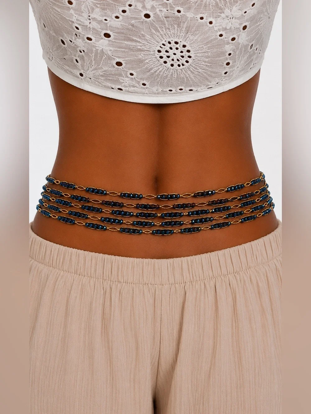 Handmade Beaded Waist Chain –blue Adjustable Gold-Tone Boho Belly Jewelry